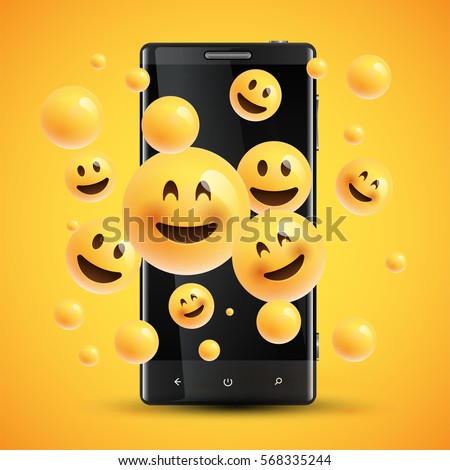 Stockfoto: Realistic Happy Yellow Emoticons In Front Of A Cellphone Vector