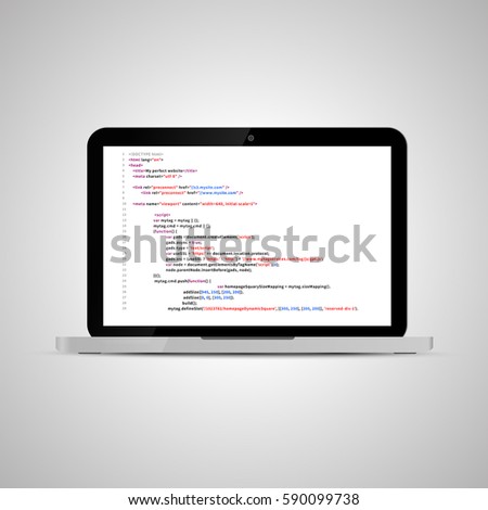 Stock photo: Realistic Glossy Laptop With Simple Website Html Code On White