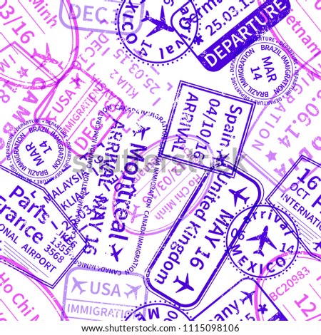 Zdjęcia stock: Purple International Travel Visa Rubber Stamps Imprints On White Seamless Pattern