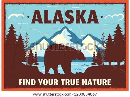 Foto d'archivio: Alaska Poster Design Mountain Adventure Patch American Travel Logo Cute Retro Style Label Brochu