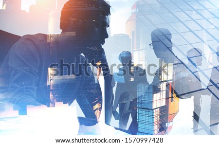 Foto stock: Business People Collaborate Together In Office Double Exposure Effects