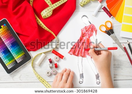 Zdjęcia stock: Close Up Of Professional Fashion Designer Working And Drawing Sk