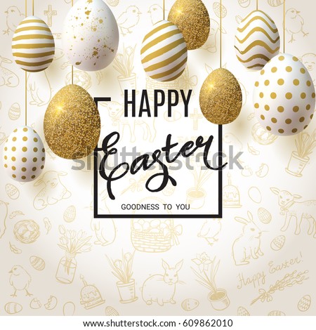 Foto d'archivio: Trendy Poster With Colorful Eggs Happy Easter Decorated Yellow Red Blue Green And Purple Eggs B