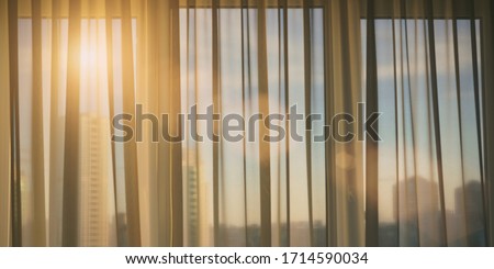 Stock foto: Curtains On Window At Sunset