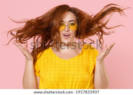 Foto stock: Cheerful Plus Size Red Haired Woman Beautiful Curvy Overweight Girl In Fashionable Clothes Body P