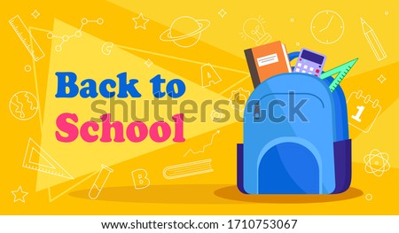 ストックフォト: Set Of Schoolbags Back To School Concept Colorful Vector Banner Quote From School Supplies