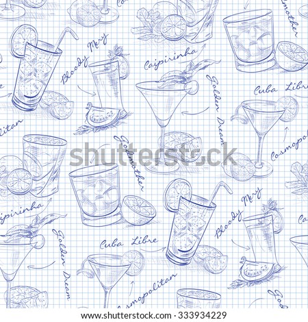 Foto stock: Scetch Pattern Contemporary Classic Cocktails On Notebook Page