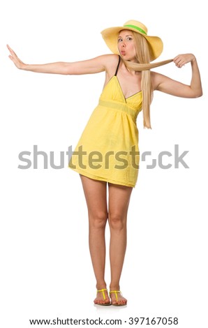 Stock photo: Caucasian Fair Model In Yellow Summer Dress Isolated On White