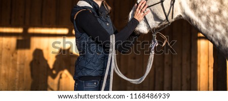 Сток-фото: A Portrait Of Young Beautiful Woman With Brown Horse Outdoors