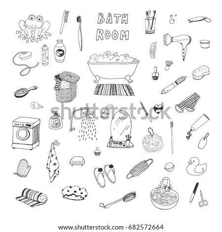 Foto stock: Bathroom Hand Drawn Vector Doodles Illustration Bath Room Poster Design