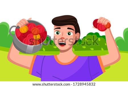 Stock foto: Happy Young Farmer Is Holding A Pan With Bright Fresh Vegetables Gardener Is Proud Of His Harvest