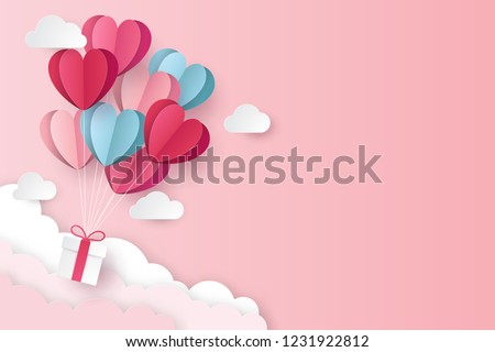 Stock photo: Happy Valentines Day Invitation Card Template With Origami Paper Hot Air Balloon In Heart Shape Whi