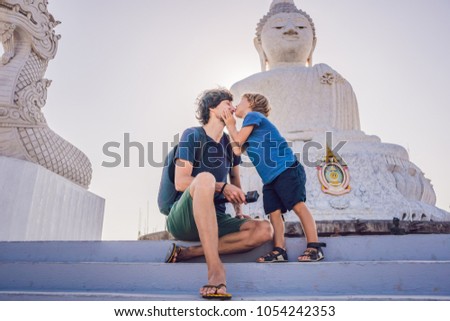 Foto d'archivio: Father And Son Tourists On The Big Buddha Statue Was Built On A High Hilltop Of Phuket Thailand Can