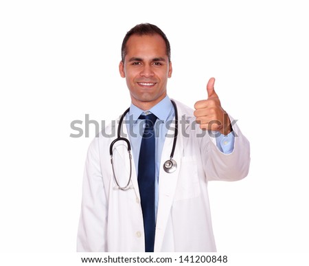 Сток-фото: Portrait Of A Smiling Male Doctor Showing Finger At You On White