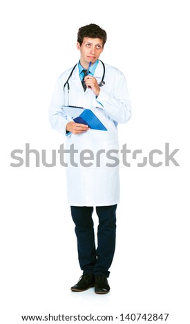 Stock photo: Portrait Of Deliberating Young Male Doctor Writing On A Patient