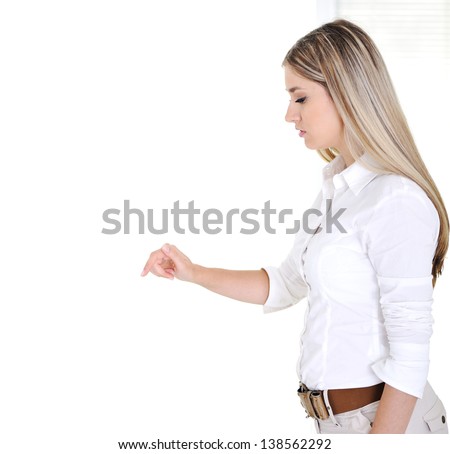 Foto stock: Attractive Blonde Girl Pressing Digital Abstract Button On Side