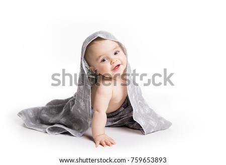 Foto d'archivio: Baby With Towel Age Of 10 Months It Is Isolated On A White Background
