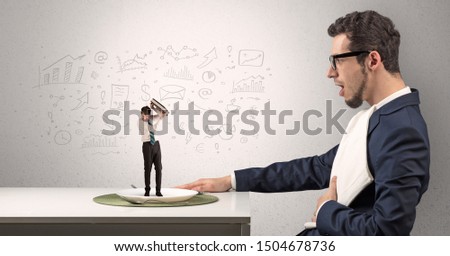 Stock fotó: Big Businessman Eating Small Employee With Doodled Charts Concept