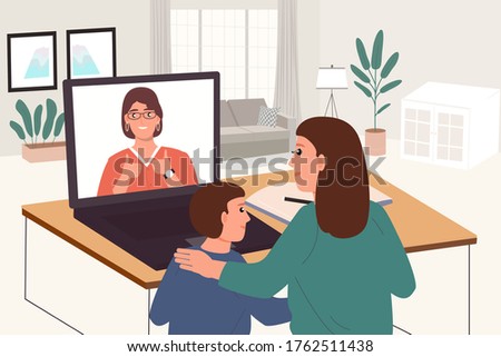 Stock photo: Teacher Tutor For Home Schooling Boy And Girl At The Table Or Mother Daughter And Son Homeschool