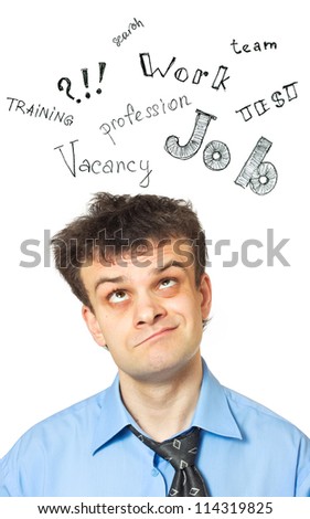 Stockfoto: A Portrait Of A Young Comic Businessman Lost In Thoughts - Searc