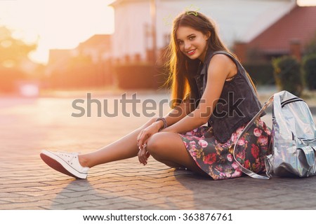 Stock fotó: Summer Lifestyle Portrait Of Pretty Girl Sitting On The Orange Inflatable Sofa On The Beach Of Tropi