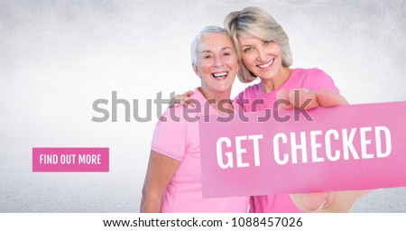 Stok fotoğraf: Get Checked Text And Hand Holding Card With Pink Breast Cancer Awareness Women