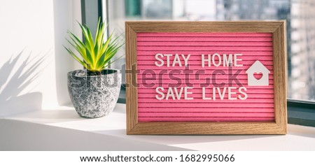 Stockfoto: Covid 19 Banner Coronavirus Staying At Home Message Sign With Text Stay Home Written Over Rainbow