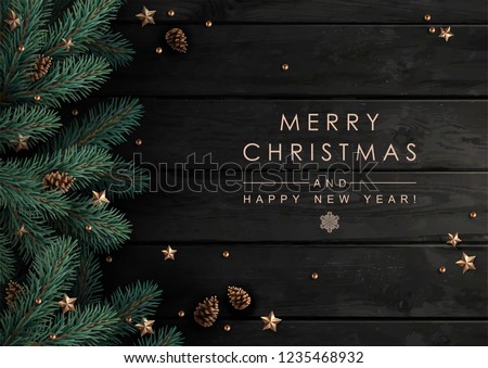 Stok fotoğraf: Christmas Greeting Card With Branches Of Spruce Cone And Ribbon