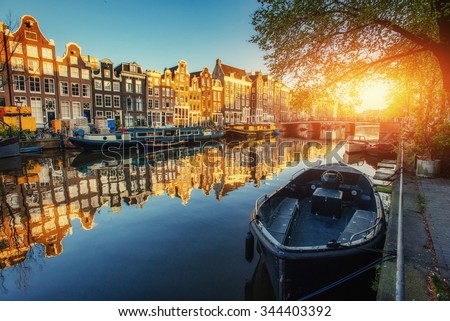 Сток-фото: Amsterdam Bridge And Water Canal On Sunset Holland Or Netherlands