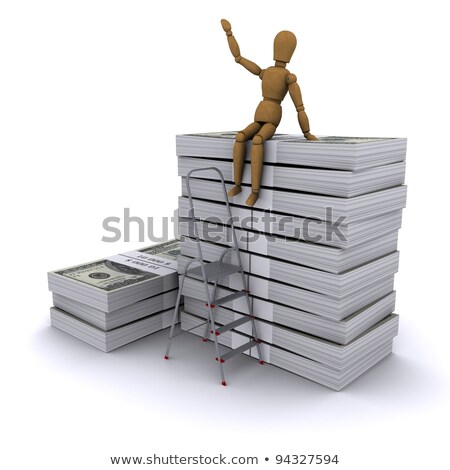 The Wooden Man Climbs A Ladder On A Stack Of Dollars 3d Rendering [[stock_photo]] © cherezoff