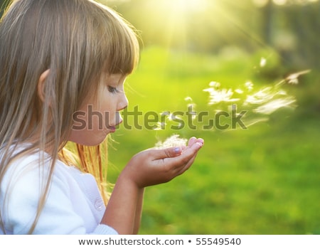 Stock fotó: Blond Kid Girl Blowing Dandelion Flower In Green Meadow