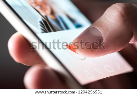 Stock photo: Hand Holds The Smartphone Mockup With Girls Photo And Like Button Flat Vector Modern Phone Mock Up