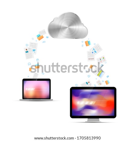 Foto stock: File Transfer Between Laptop And Desktop Via Cloud Service Technology Illustration Isolated On Whit