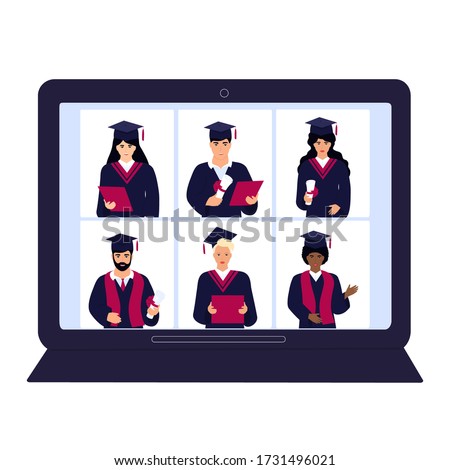 Foto d'archivio: Virtual Online Graduation Ceremony On A Laptop Monitor During Coronavirus Quarantine Tiny Graduates