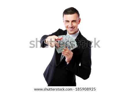 Stock fotó: Rich Businessman Holding Us Dollars And Showing On You Isolated On A White Background