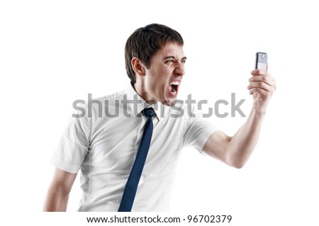 ストックフォト: Angry Businessman Yelling On His Cell Phone Over White Background