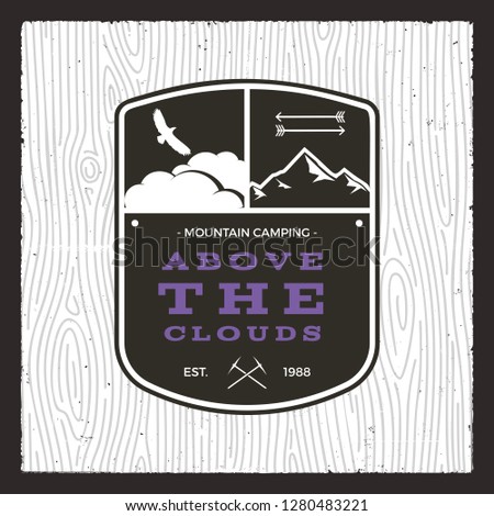 商業照片: Camping Adventure Monochrome Card Above The Clouds Quote With Mountains Eagle And Arrows Wildlife