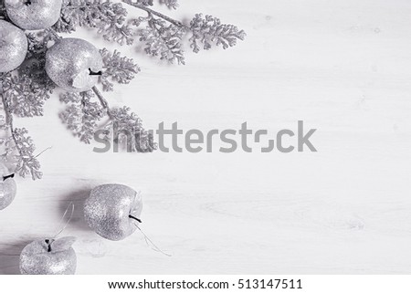 Stock photo: Christmas Silver Sprigs And Apples Decoration On Wooden White Background