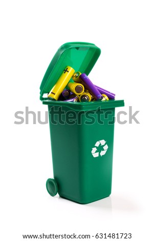 Stock fotó: Hazardous Waste Recycling - Green Wheelie Bin Full With Batterie