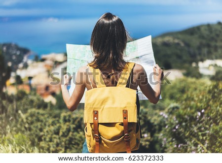 Stockfoto: Young Woman Traveler On View Point In The Background Of A Jungle Bali Indonesia