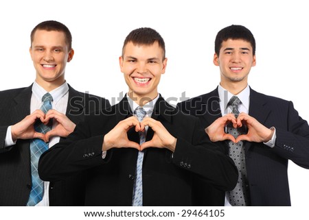 Foto stock: Three Young Businessmen Show Love Sign From Hands