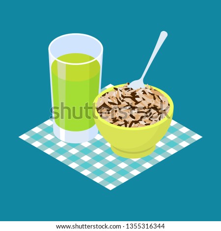 Foto stock: Wild Rice Porridge And Fruit Juice Breakfast Healthy Food Vect
