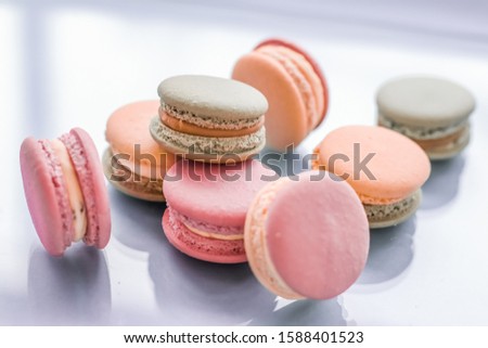 Сток-фото: French Macaroons On Blue Background Parisian Chic Cafe Dessert
