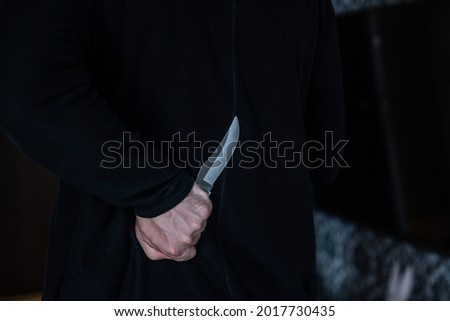 Stok fotoğraf: Evil Man Hold Shiny Knife Killer In Action