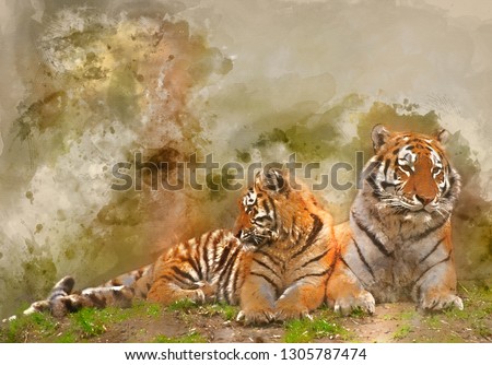 Stock photo: Beautiful Image Of Tigress Relaxing On Grassy Hill With Cub