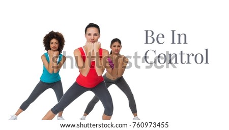 Foto stock: Composite Image Of Fit Woman Stretching Body In Fitness Studio