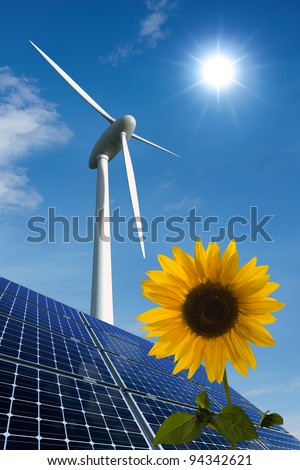 Sunflower And Solar Panels With Sunshine Foto stock © visdia