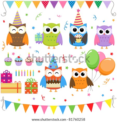 Сток-фото: Set Of Birthday Party Elements With Owls