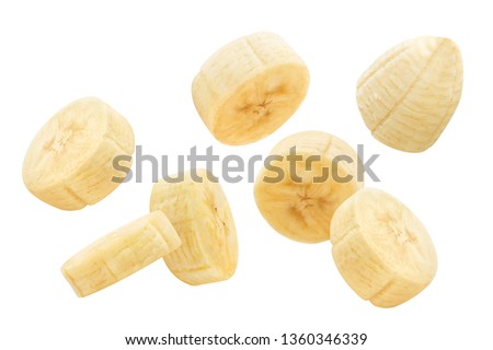 Foto d'archivio: Banana Slices Flying On White Background