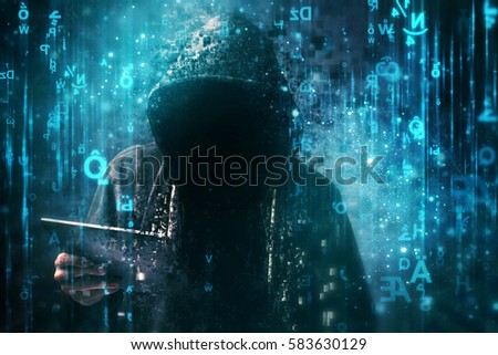 Imagine de stoc: Computer Hacker With Hoodie In Cyberspace Surrounded By Matrix C